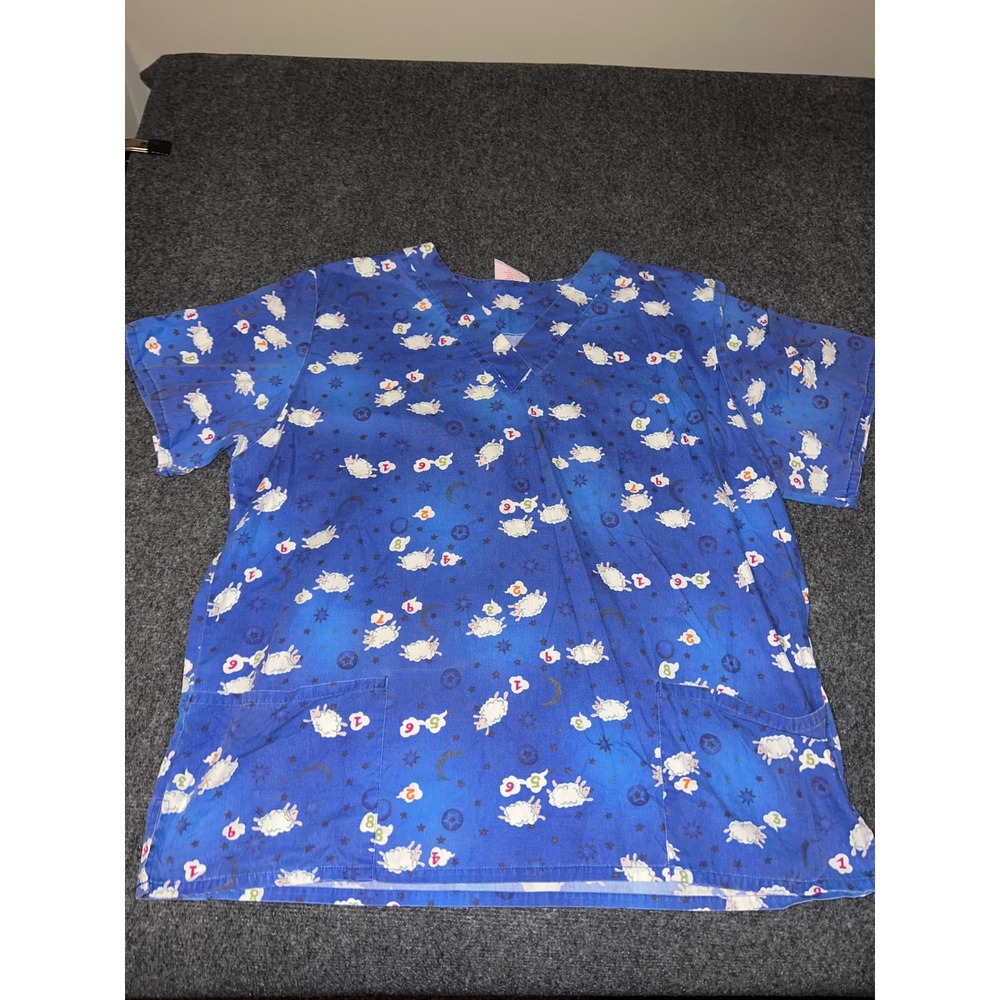 Fashion Scrubs Women 2XL Blue Counting Sheep V-Neck Short Sleeve Scrub Top T-12